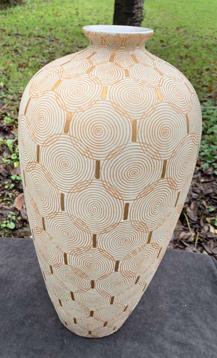 Large Art Deco Cracked Ceramic Vase With Spirales & Gildings-photo-3