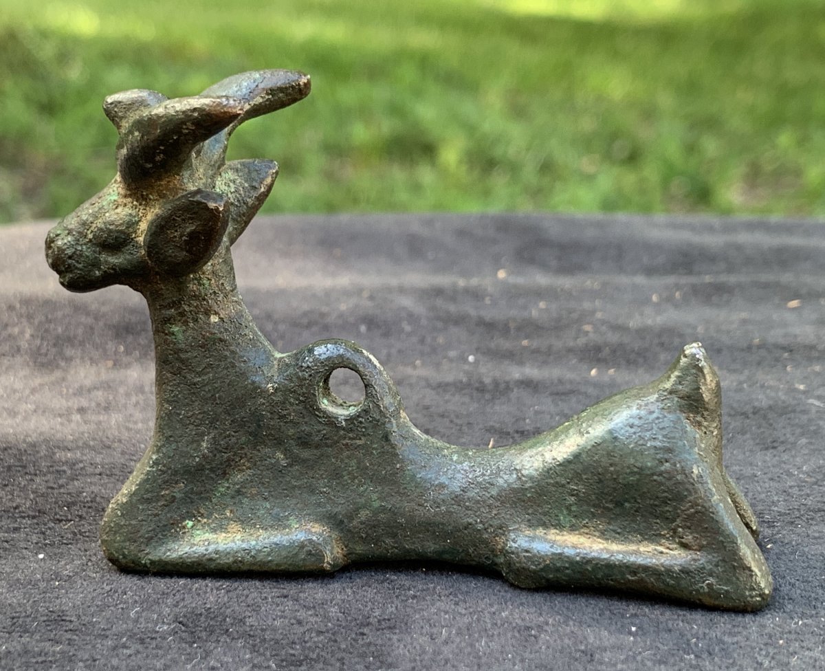 Xth To VIIth Cty Bc Louristan Ibex Green Patina Bronze Statue With Ring-photo-4