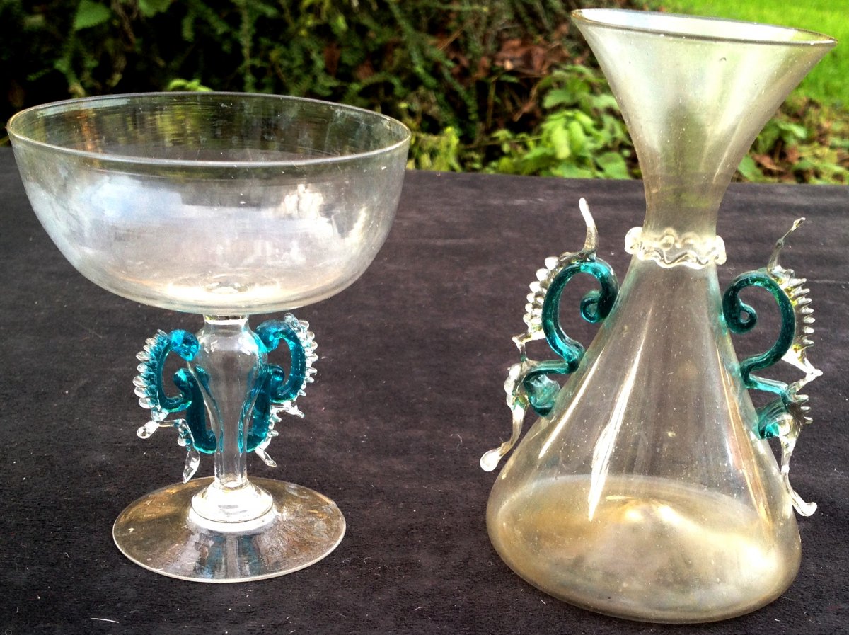 XVIIth Cty Venice 2 Colors Glass Cup On Pedestal-photo-5