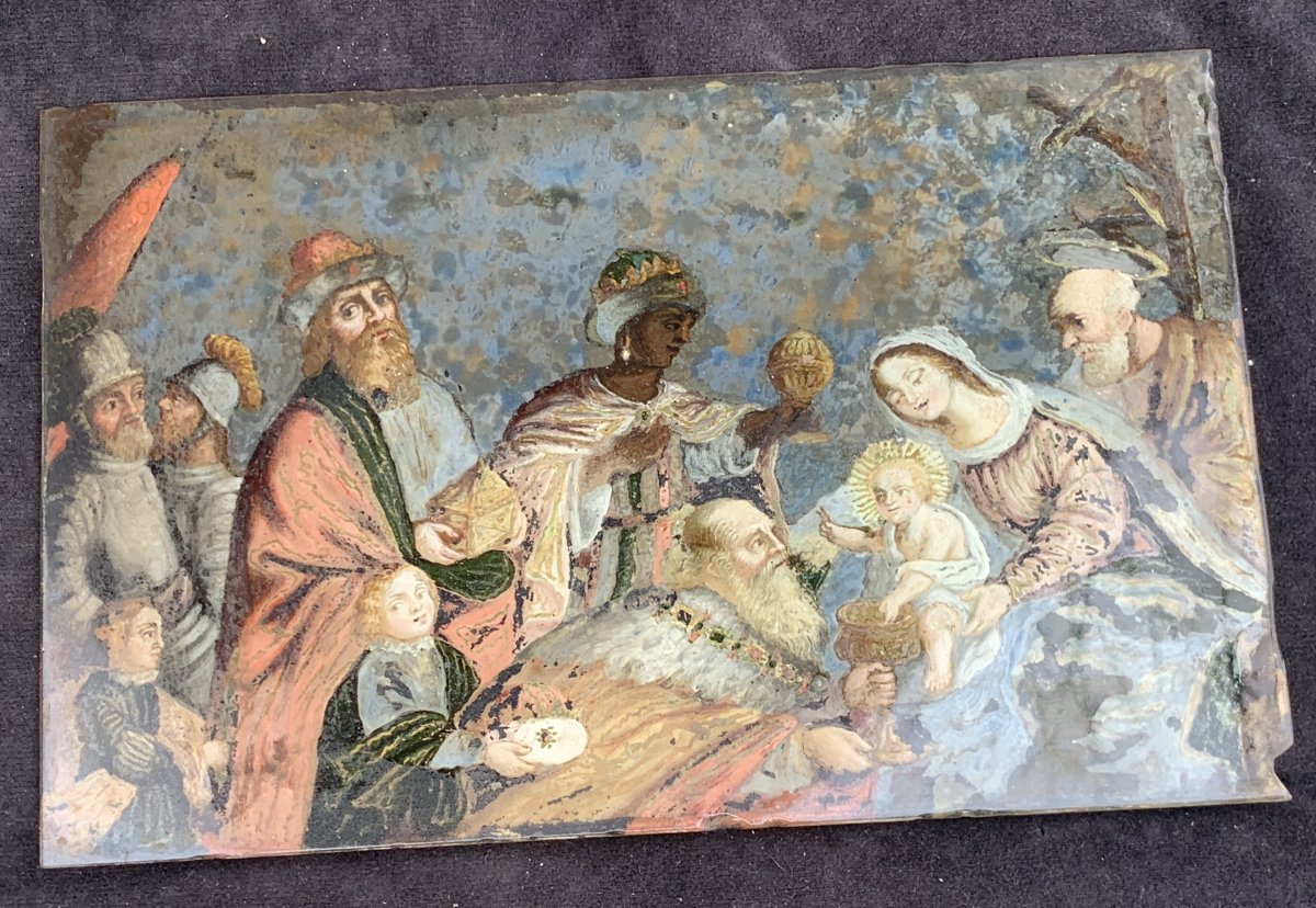 Rare Under Glass Fixed Painting XVIIth  Adoration Of The Magi-photo-4