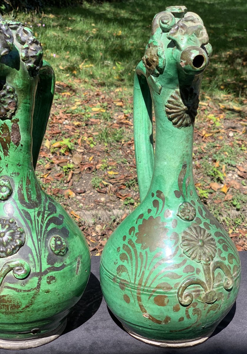 Pair Green Ceramic Pitchers Canakkale (turkey) , Early XIXth Cty-photo-1