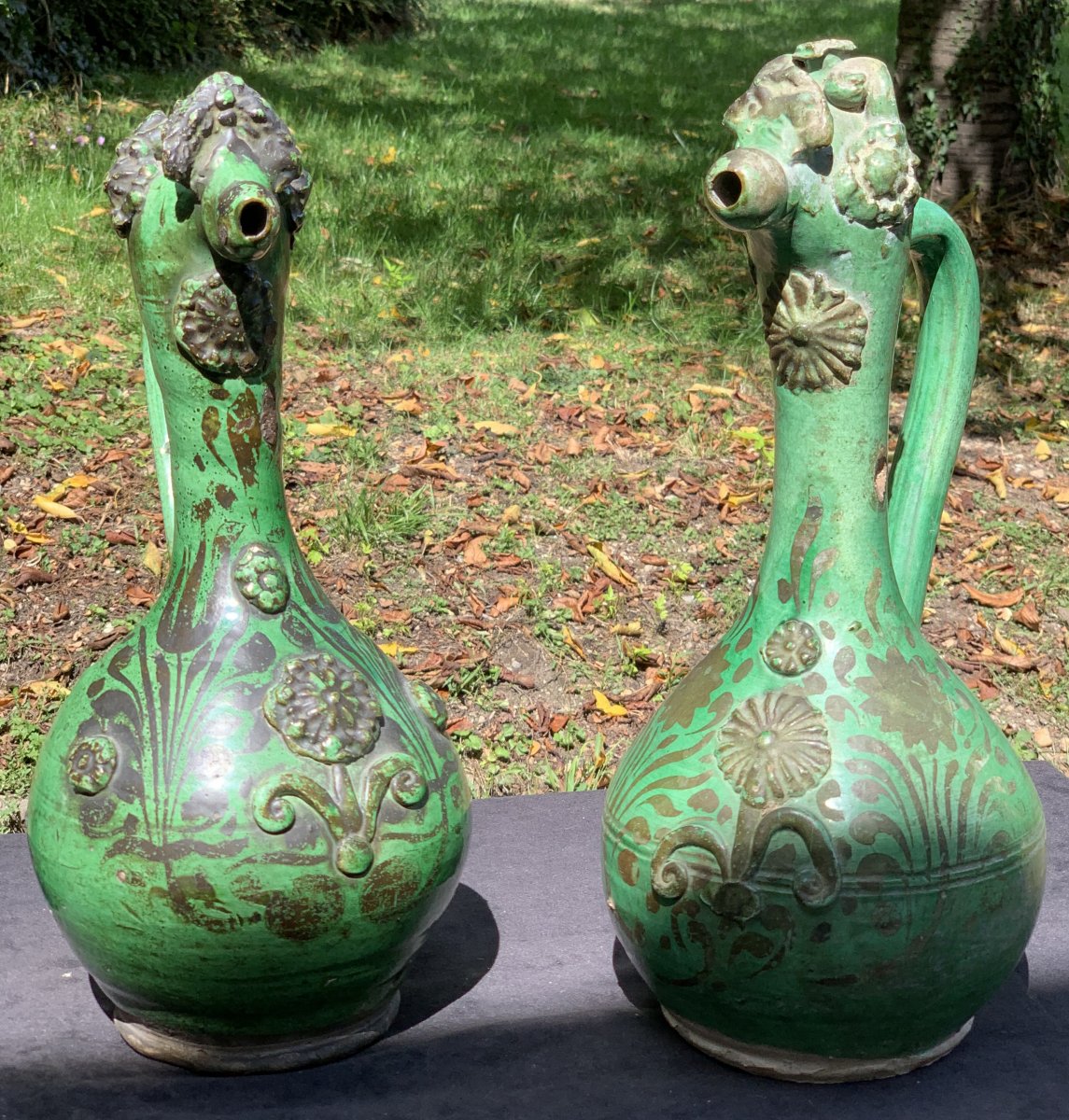 Pair Green Ceramic Pitchers Canakkale (turkey) , Early XIXth Cty
