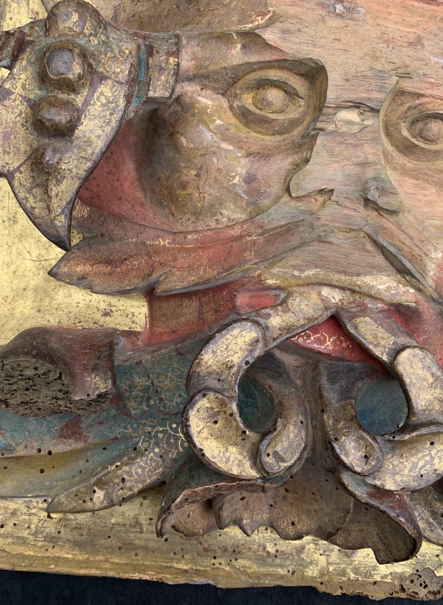 Large Wooden Carved Painted & Gilded Panel, Grotesque Shackles Esp XVIIth-photo-2