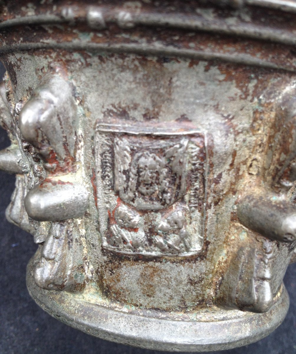 Bronze Mortar XVII Religious Appliques, Anne De Bretagne, Virgin Child ...-photo-2