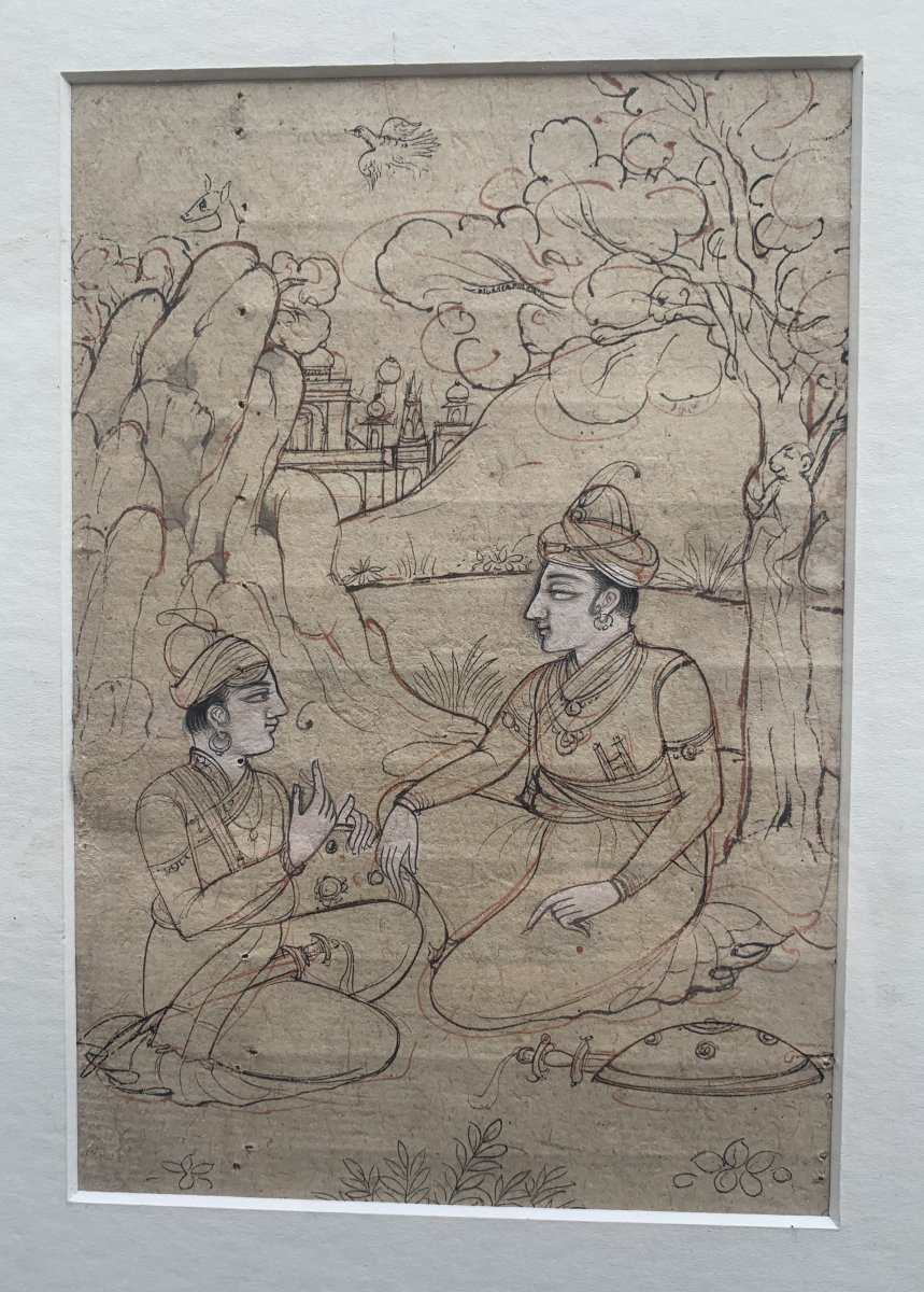 Dessin indien XIXe 2 personnages & singes jouant-photo-1