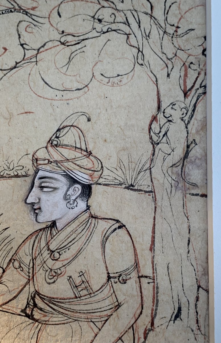 Dessin indien XIXe 2 personnages & singes jouant-photo-4