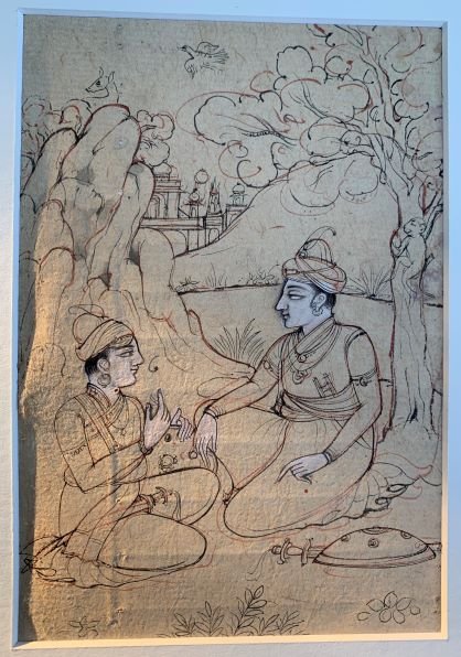 XIXth Indian Drawing With 2 Characters, Monkeys Playing On Tree