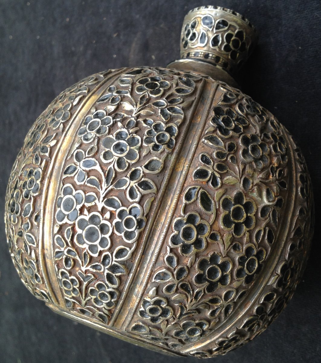 Moghol Style Chiseled & Enemailed Solid Silver Huka Base, Flower Design-photo-6