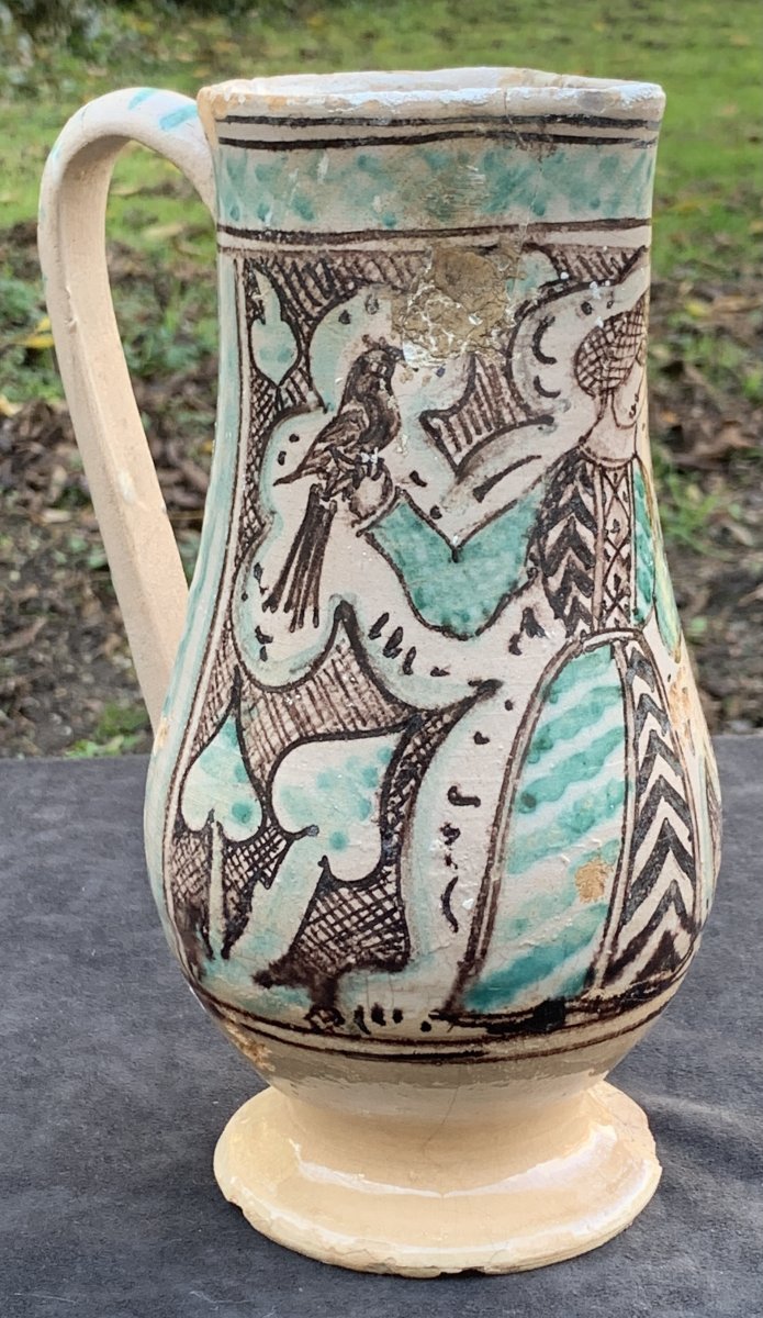 XVth Italian Primitive Lazio  Ceramic Pitcher, Falconer Scales Justice-photo-2