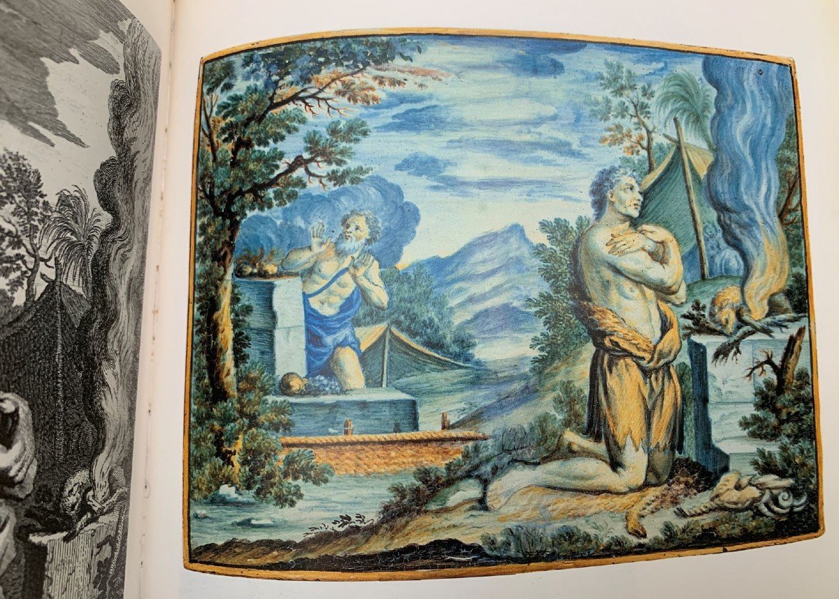 Majolica Plaque Castelli XVII Sacrifice Lamb By Abel, Hard Stone Frame-photo-3