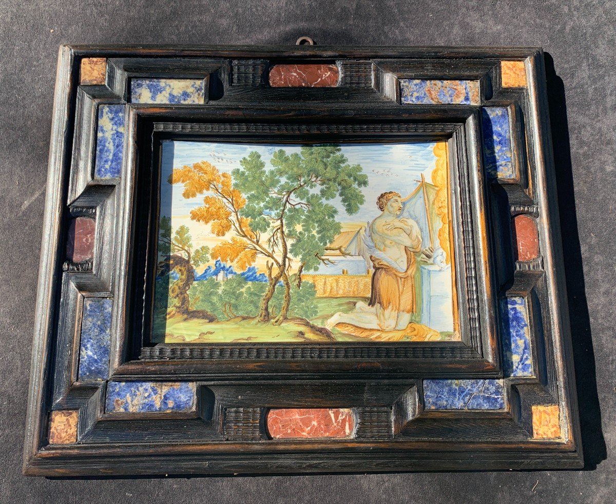 Majolica Plaque Castelli XVII Sacrifice Lamb By Abel, Hard Stone Frame