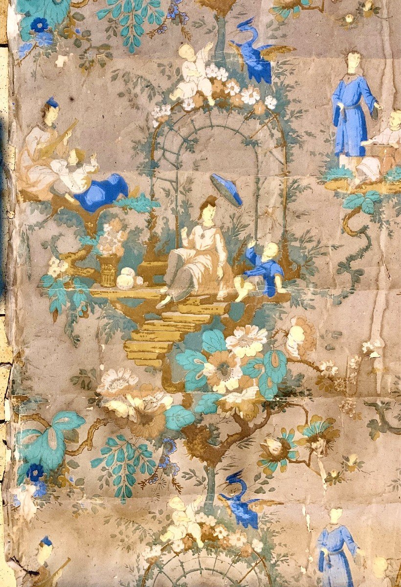 XVIIIe superbe lé papier peint Chinois JB Pillement ép Louis XV-photo-3