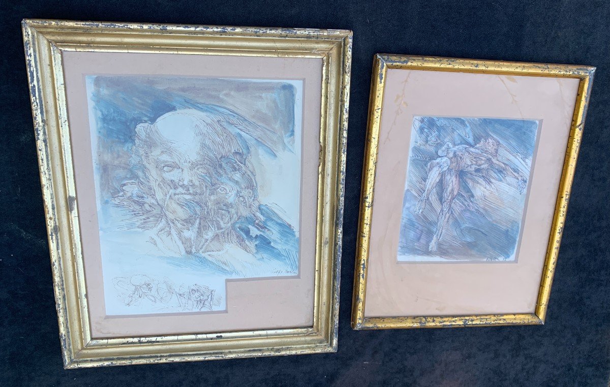 2 lavis encre aquarelle signé Gérard VILLAGE-photo-2