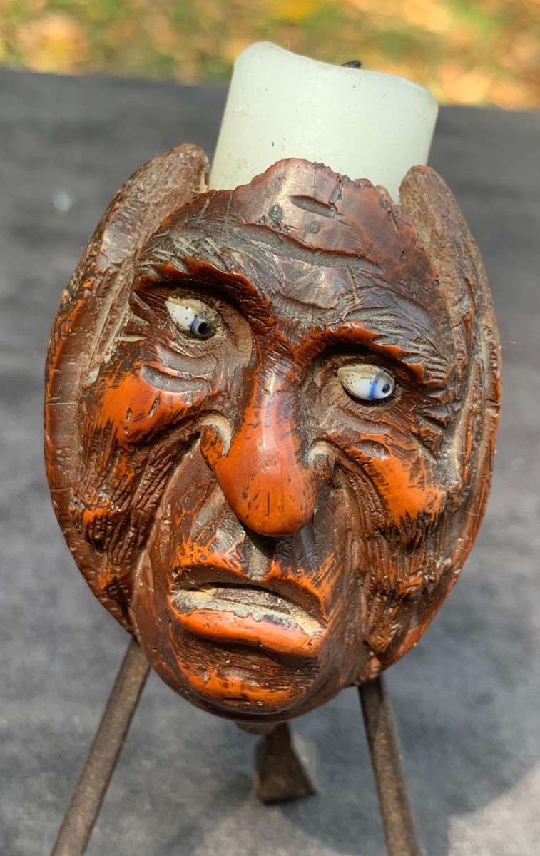 Tripod Miniature Candle Holder With Wrought Iron Feet, Carved Corozo Nut & Glass Eyes-photo-4