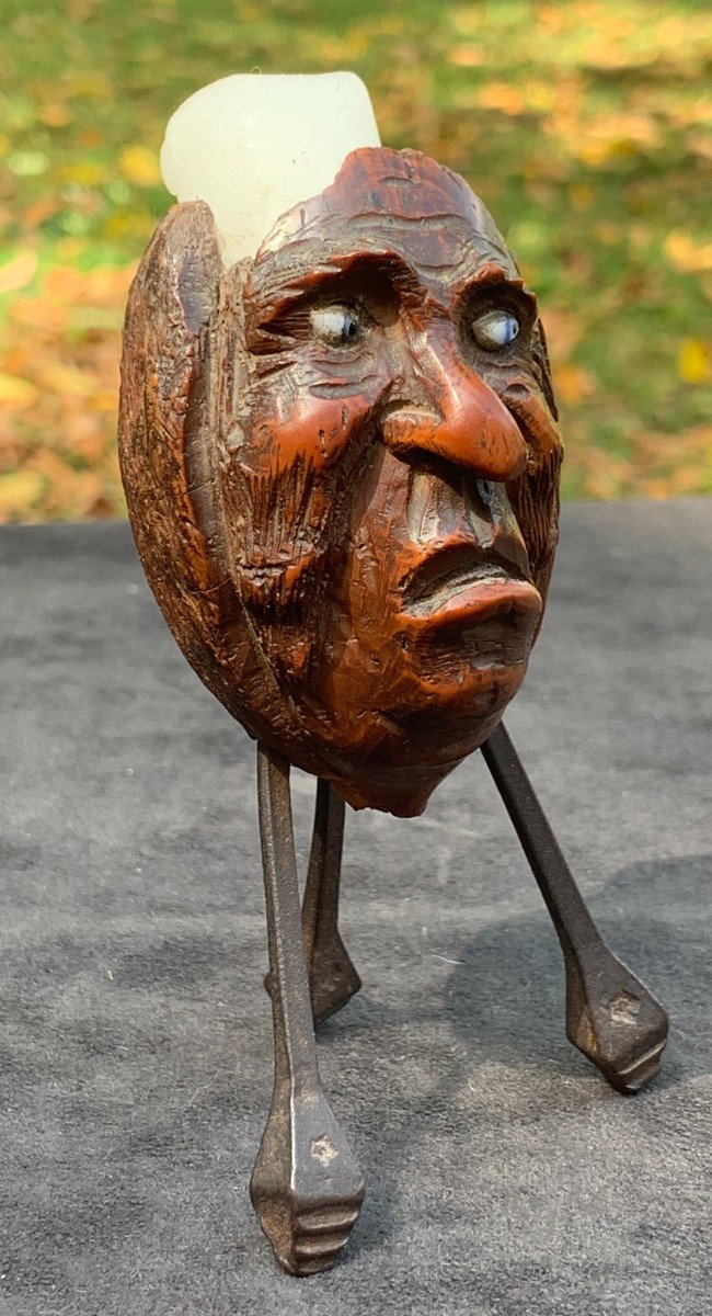 Tripod Miniature Candle Holder With Wrought Iron Feet, Carved Corozo Nut & Glass Eyes-photo-2
