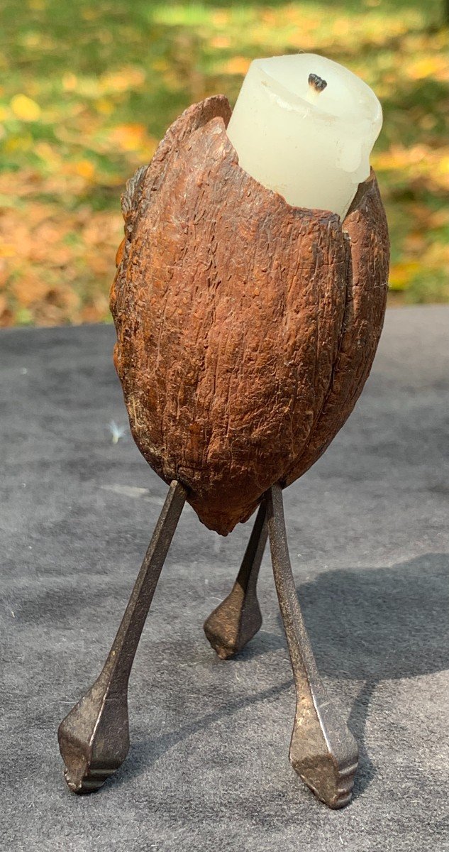 Tripod Miniature Candle Holder With Wrought Iron Feet, Carved Corozo Nut & Glass Eyes-photo-4