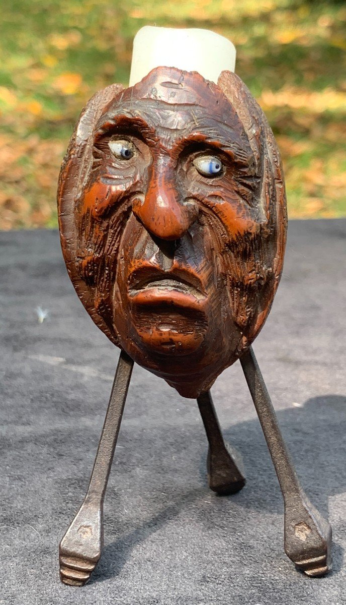 Tripod Miniature Candle Holder With Wrought Iron Feet, Carved Corozo Nut & Glass Eyes