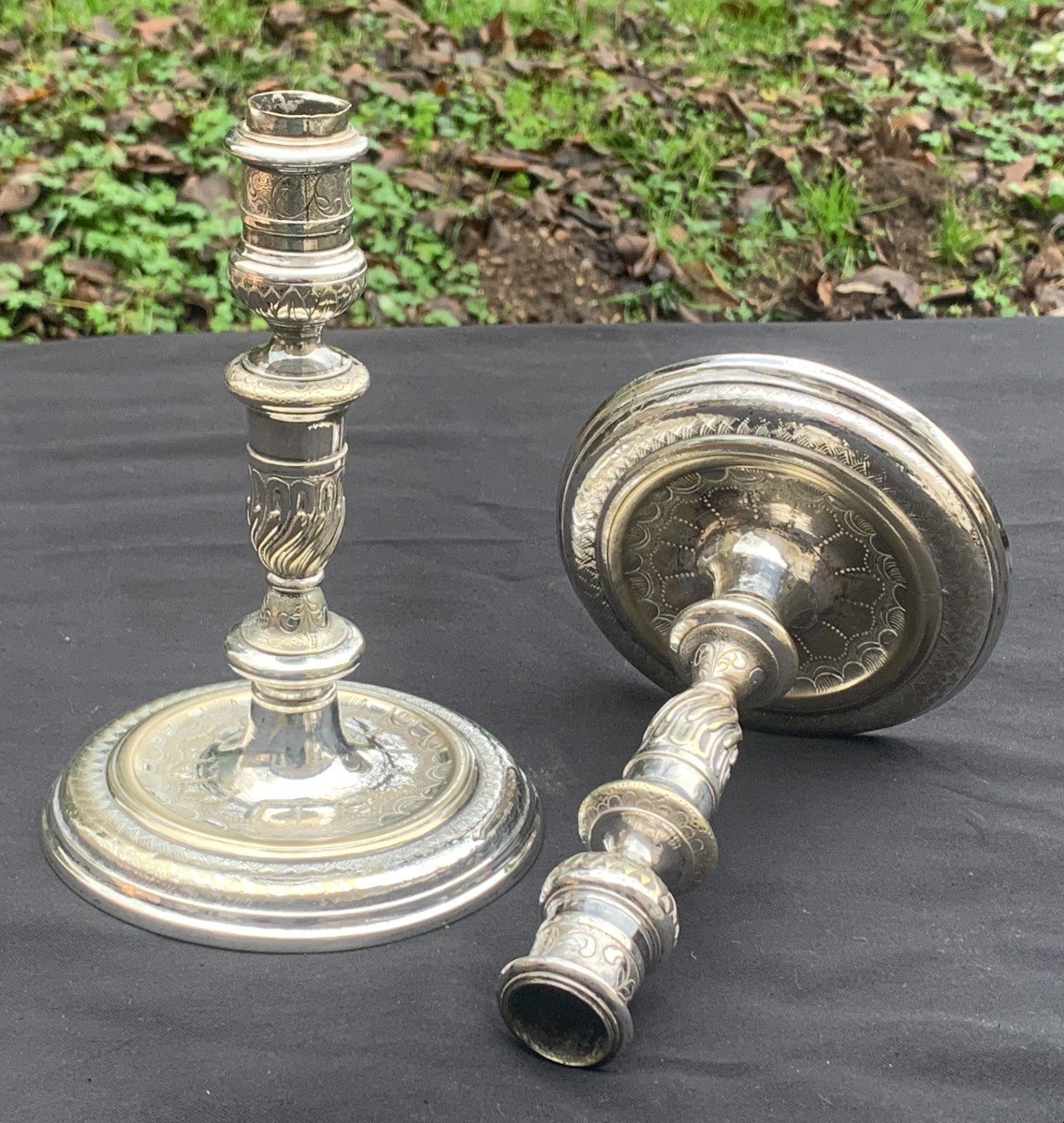 Louis XIV Period  Chiseled Silver Bronze Candlesticks Pair-photo-2