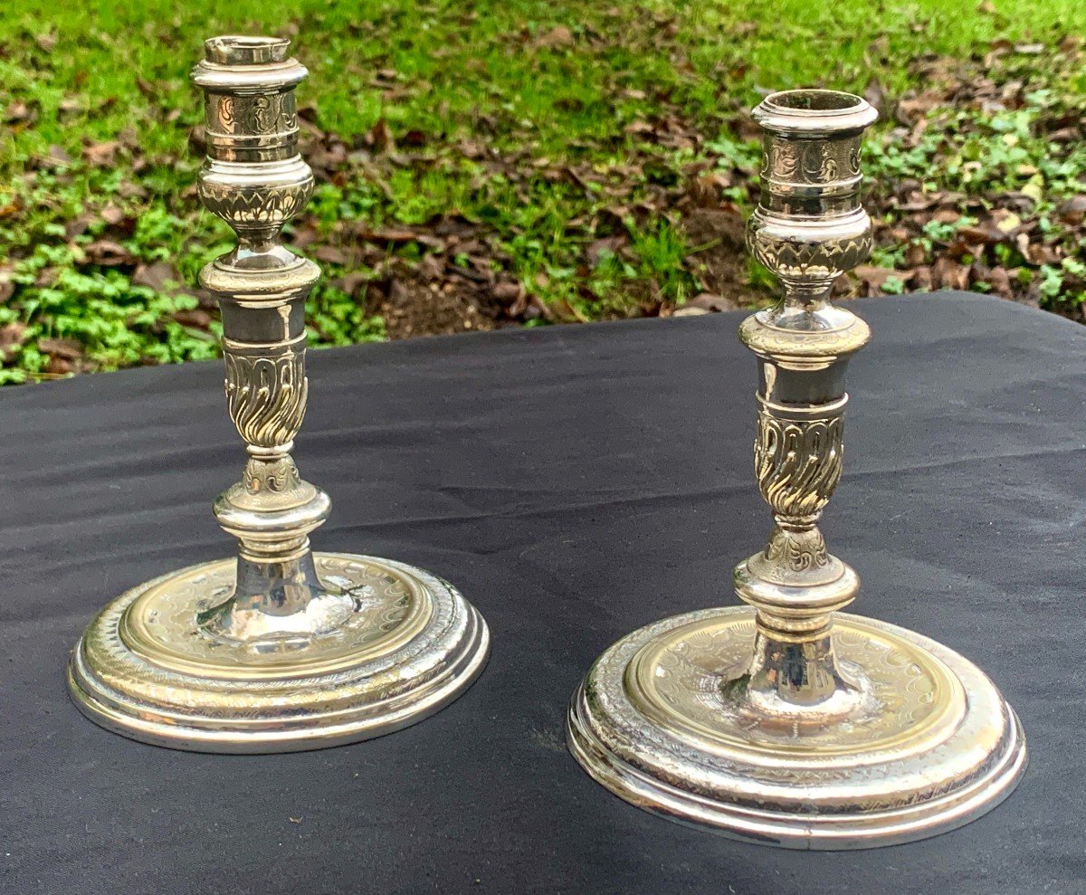 Louis XIV Period  Chiseled Silver Bronze Candlesticks Pair