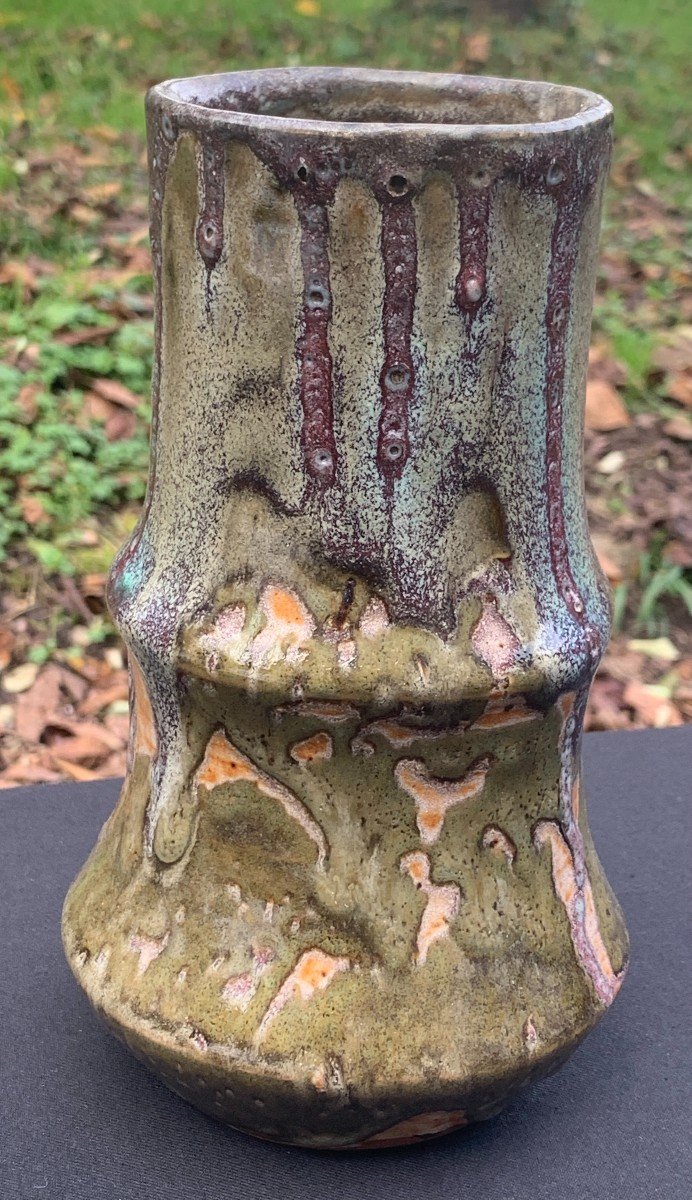 Eugène Lion Sandstone With Drips Vase, Signed-photo-1