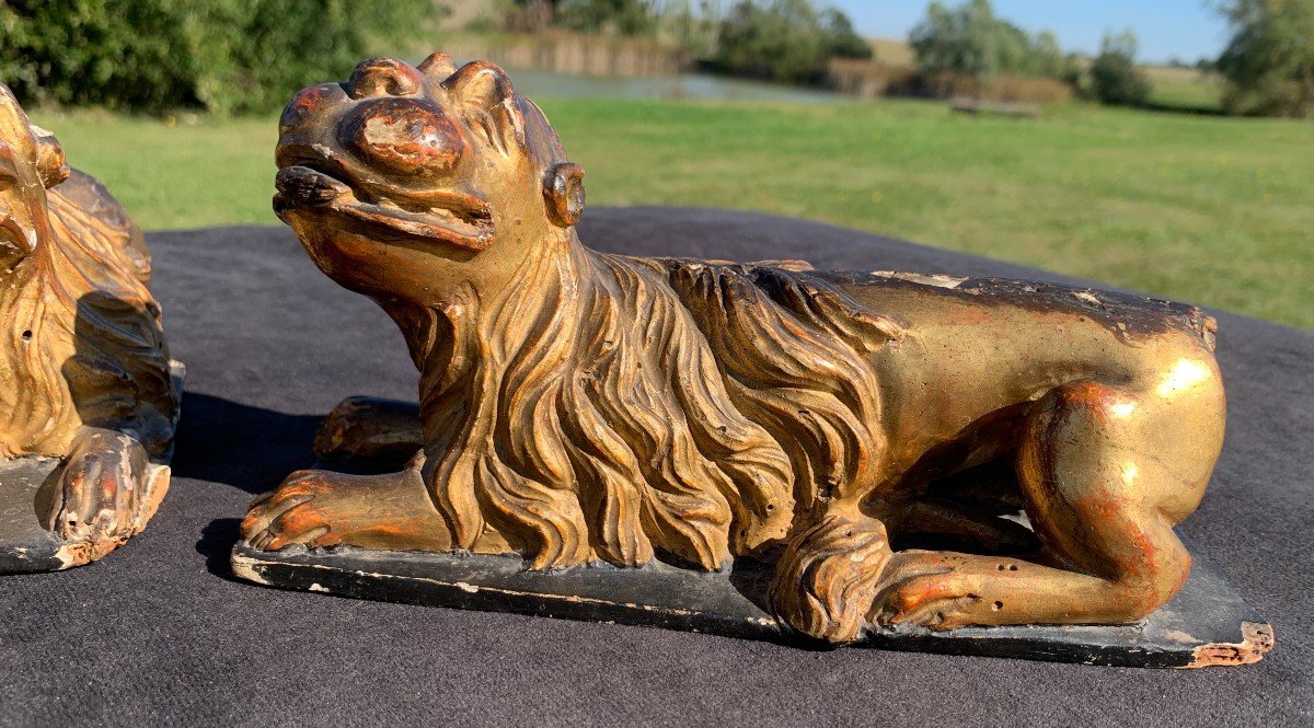 17th Century Set Of 4 Gilded Wood Lions, Cassone Feet-photo-2
