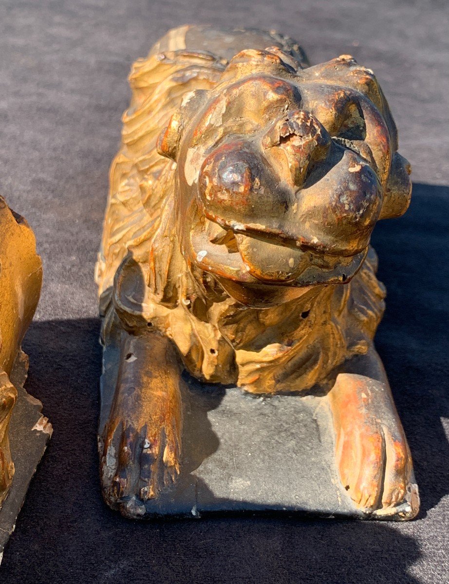 17th Century Set Of 4 Gilded Wood Lions, Cassone Feet-photo-5