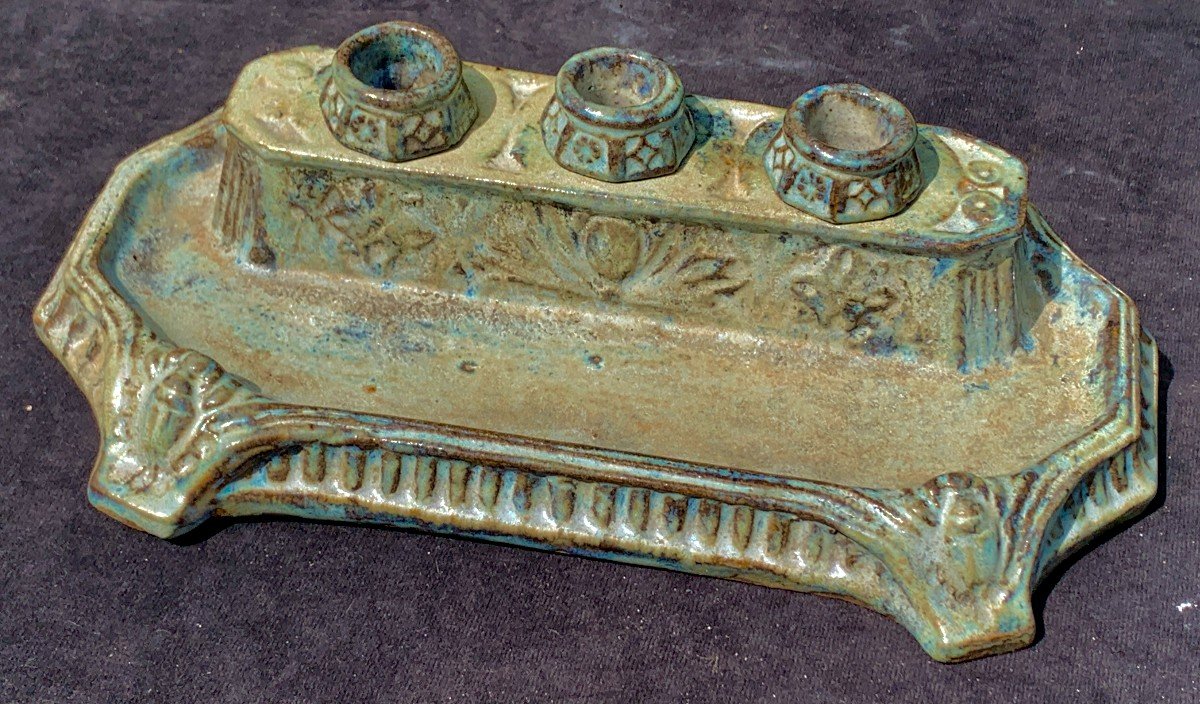 Large Art Nouveau Flamed Sandstone Office Inkwell Attributed To Gentil & Bourdet,  Circa 1900-photo-2