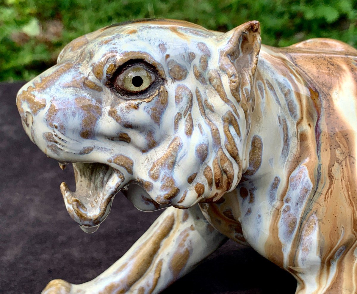 Flamed Sandstone Rambervillers Wounded Tiger Sculpture With Sulfide Eyes, 1920-photo-4
