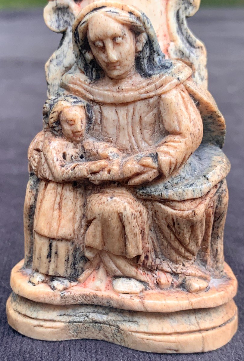 XVIth Small Bone Carved Statuary Group, Ste Anne Teaching Child Virgin To Read-photo-3