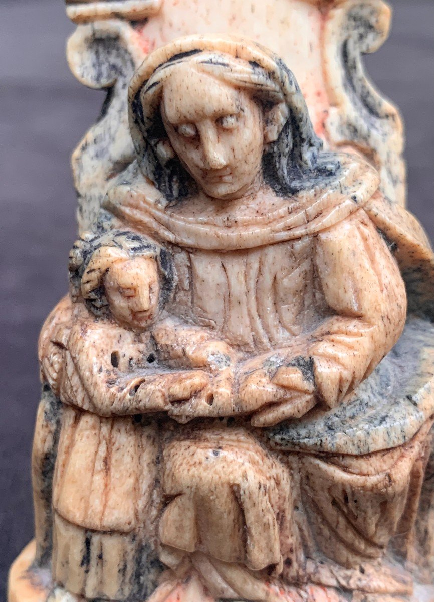 XVIth Small Bone Carved Statuary Group, Ste Anne Teaching Child Virgin To Read-photo-6