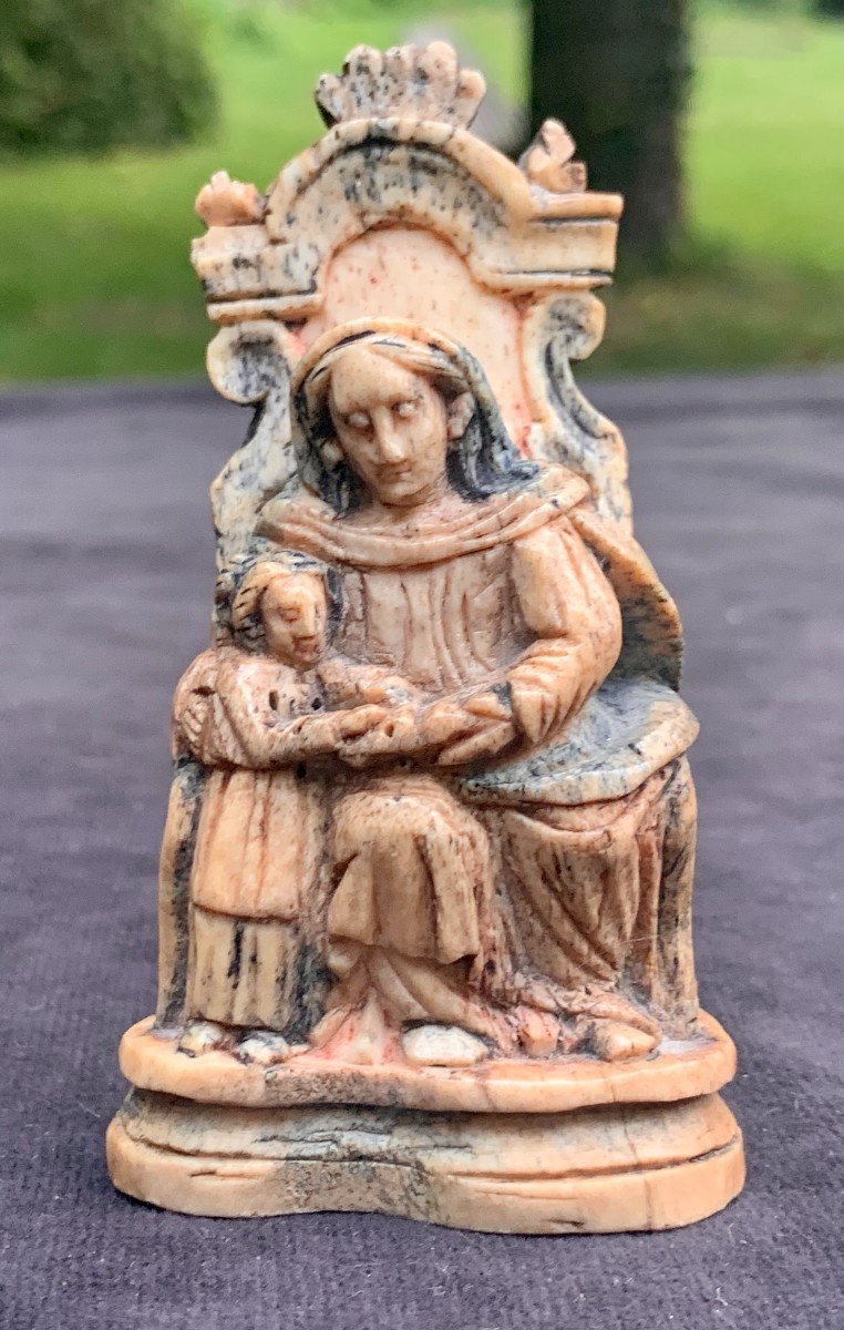 XVIth Small Bone Carved Statuary Group, Ste Anne Teaching Child Virgin To Read-photo-7