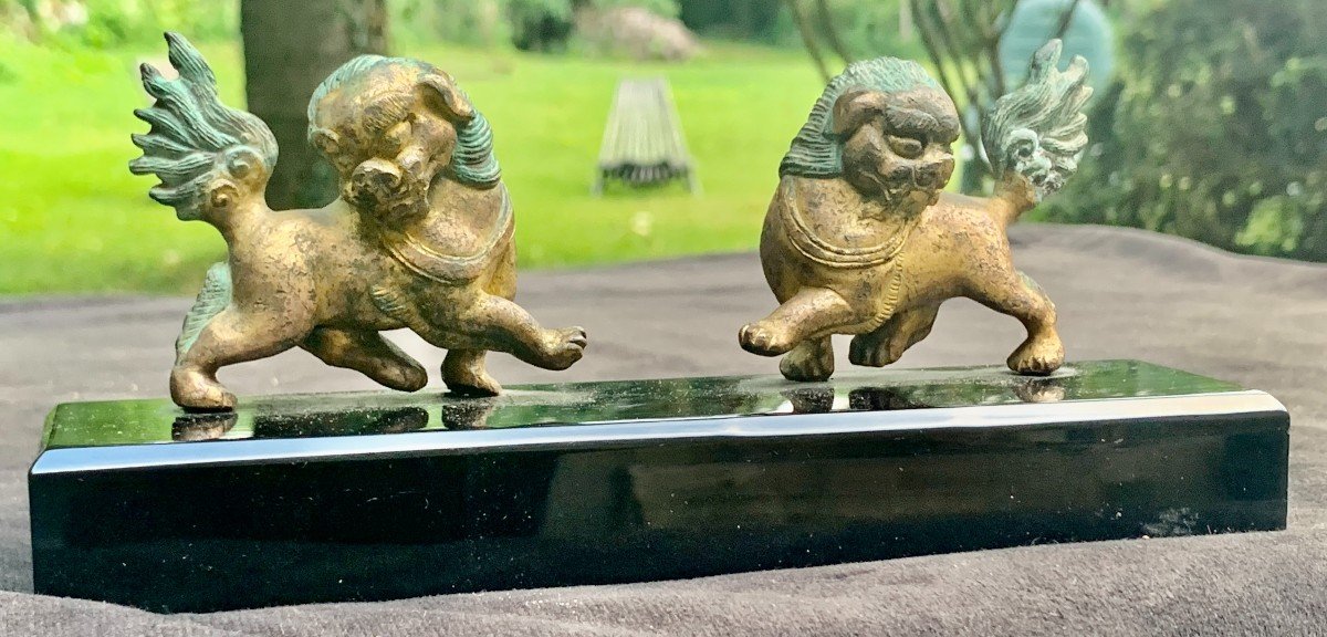 Ep Ming (1368-1644) Pair Bronze Dragons With Double Green And Golden Patina