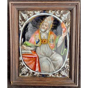 Début XVIIIe, plaque émail s/ cuivre figurant St Augustin,  2 mini portraits sur son étole