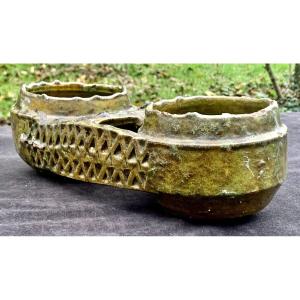 Large 18th Cty Olive Green Ceramic Double Bowl, Marocco (tamgrout Area)