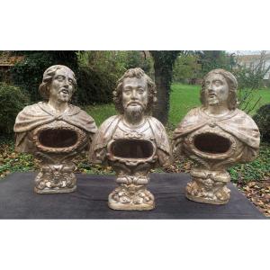 Italie XVIIe s, Suite de 3 gds bustes reliquaires baroques en bois argenté
