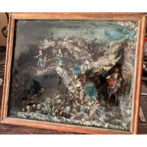 XVIIIe s, Pt diorama scène rurale personnages & animaux en verre filé de Nevers 