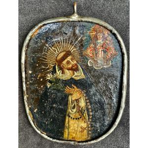 XVIIe Médaillon peint sur cuivre Sto Dominguo de Guzmann, travail colonial esp 