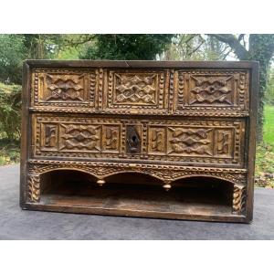 Spain 17th Small Wden Carved Table Cabinet With Relief Gilt & Ptd Geometric Design