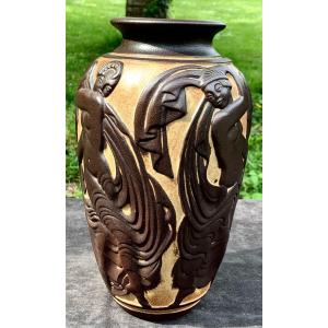 Nice "dancer" Stoneware Vase Designed By Geo Conde For Mougin- Nancy, Circa 1920