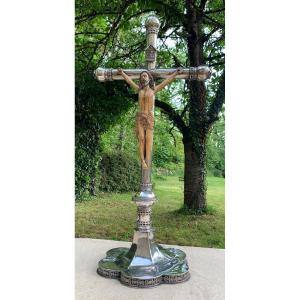 Gothic Period, Barcelona 16th Large Solid Silver Crucifix & Early 17th Cty Ivory Carved & Pted  Christ