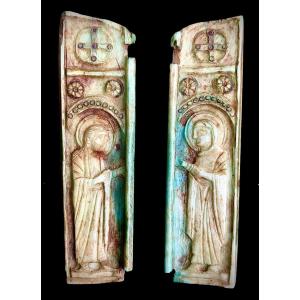 Art byzantin XIIe-XIVe , paire volets triptyqu miniature en ivoire teinté vert, Marie mère de Dieu & St Jean