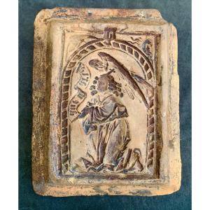 XVth Cty Terracotta Tile Mold With Virgin And Gothic Phylactery Bearing Inscription Ave Maria