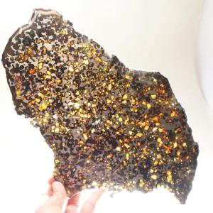 Météorite Pallasite, Sericho Kenya 1464 nombreuses inclusions Olivine,  très gde tranche polie 