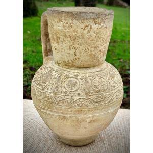 12th Persian / Syria Rare & Intact Terracotta Pitcher, Geometric Molded Decoration & Faces