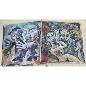 Nicolas TRUFAUT (1966-), artiste Hyères Var, paire de dessins marouflés sur carton 