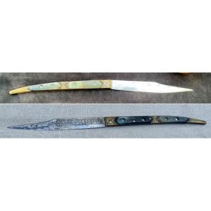 Gd couteau NAVAJA Albacete Espagne corne et acier gravé, daté 1880