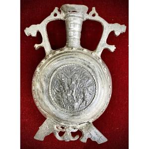 Early 17th, Pewter Gourd/bottle On Foot With 2 Handles, Religious Thema
