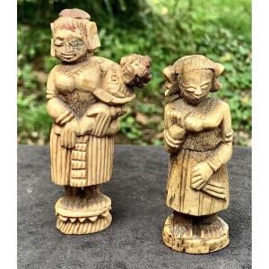 2 Carved Bone Statuettes Including 1 Maternity, India 18 Or 19th Cty, Traces Of Polychromy