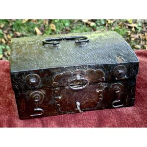 Louis XIV Small Wooden Leather Box, Complete With All Its Forged Fittings