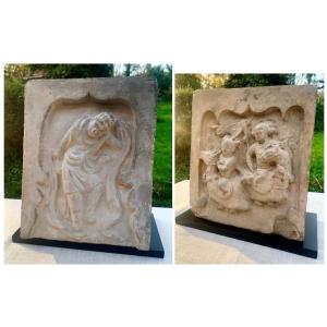 Archéologie CHINE, 2 carreaux terre cuite ép dynastie SONG (960-1279) danseur et cavaliers